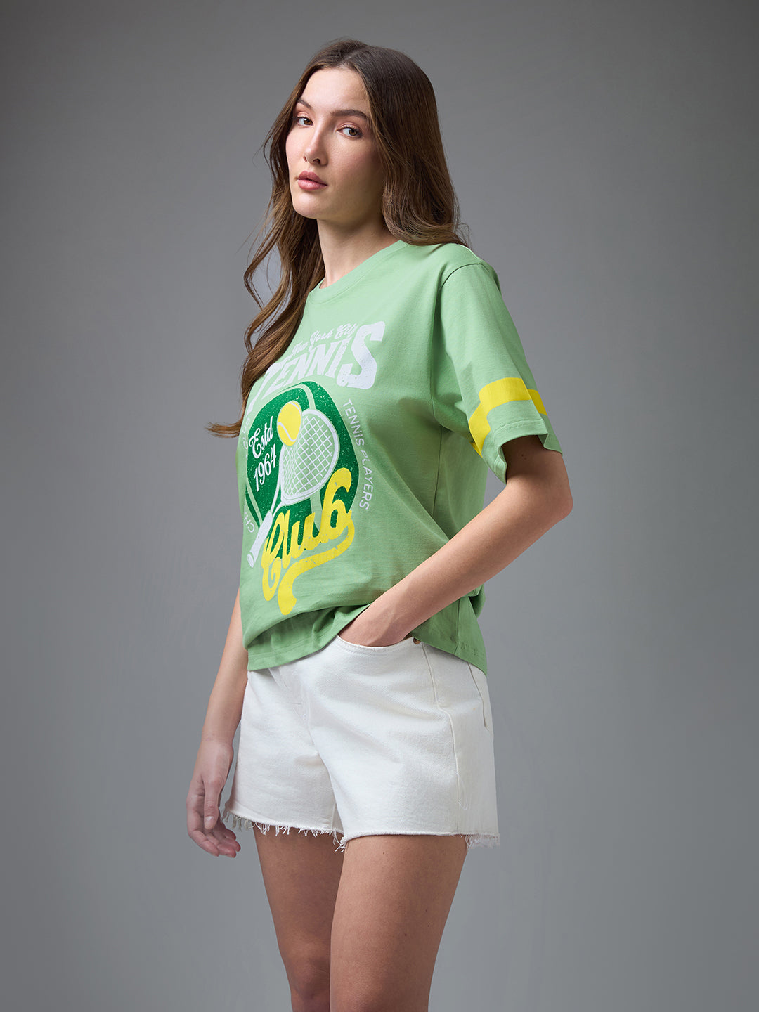 Womens Printed Round Neck Oversized Fit Tshirt