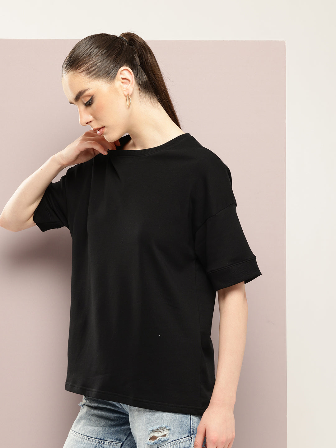Womens Half Sleeve Round Neck Solid Oversized Fit Tshirts
