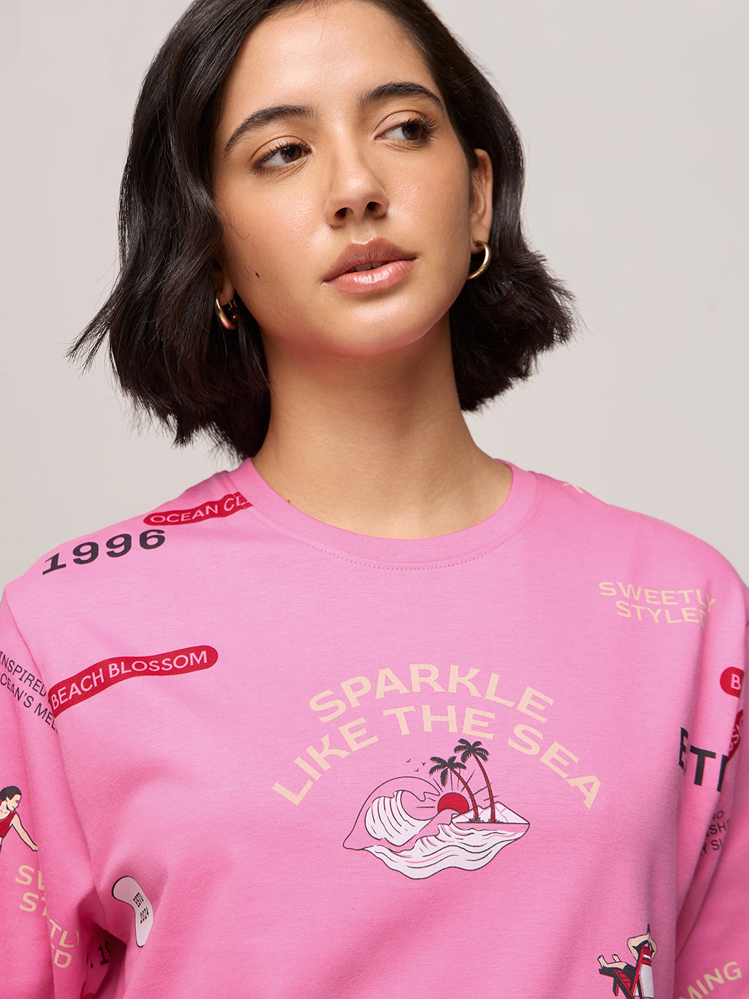 Womens Printed Oversized Fit Cotton T-Shirt