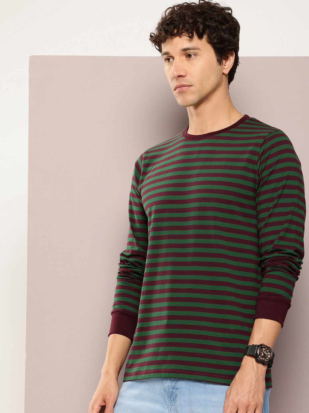 Mens Full Sleeve Round Neck All-Over Striped Regular Fit Tshirts