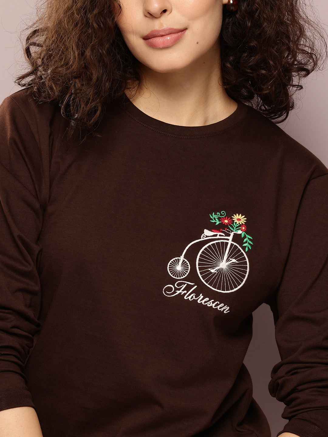 Womens Full Sleeve Round Neck Embroidered Oversized Fit Tshirts