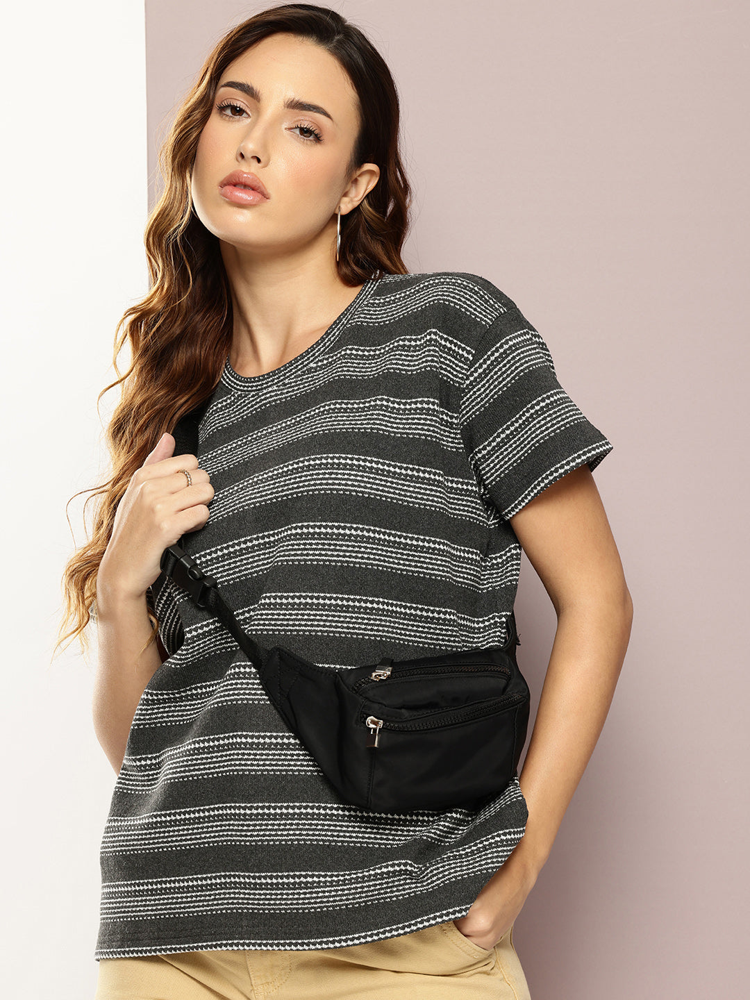 Womens Half Sleeve Round Neck All-Over Striped Boxy Fit Tshirts
