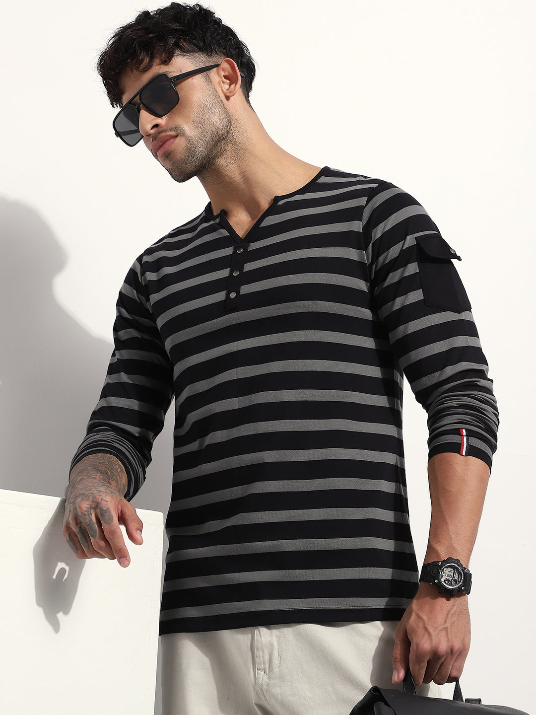 Mens Full Sleeve Henley Neck Striped Regular Fit Tshirts