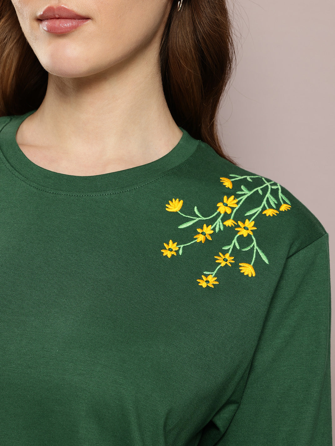 Womens Full Sleeve Round Neck Embroidered Oversized Fit Tshirts