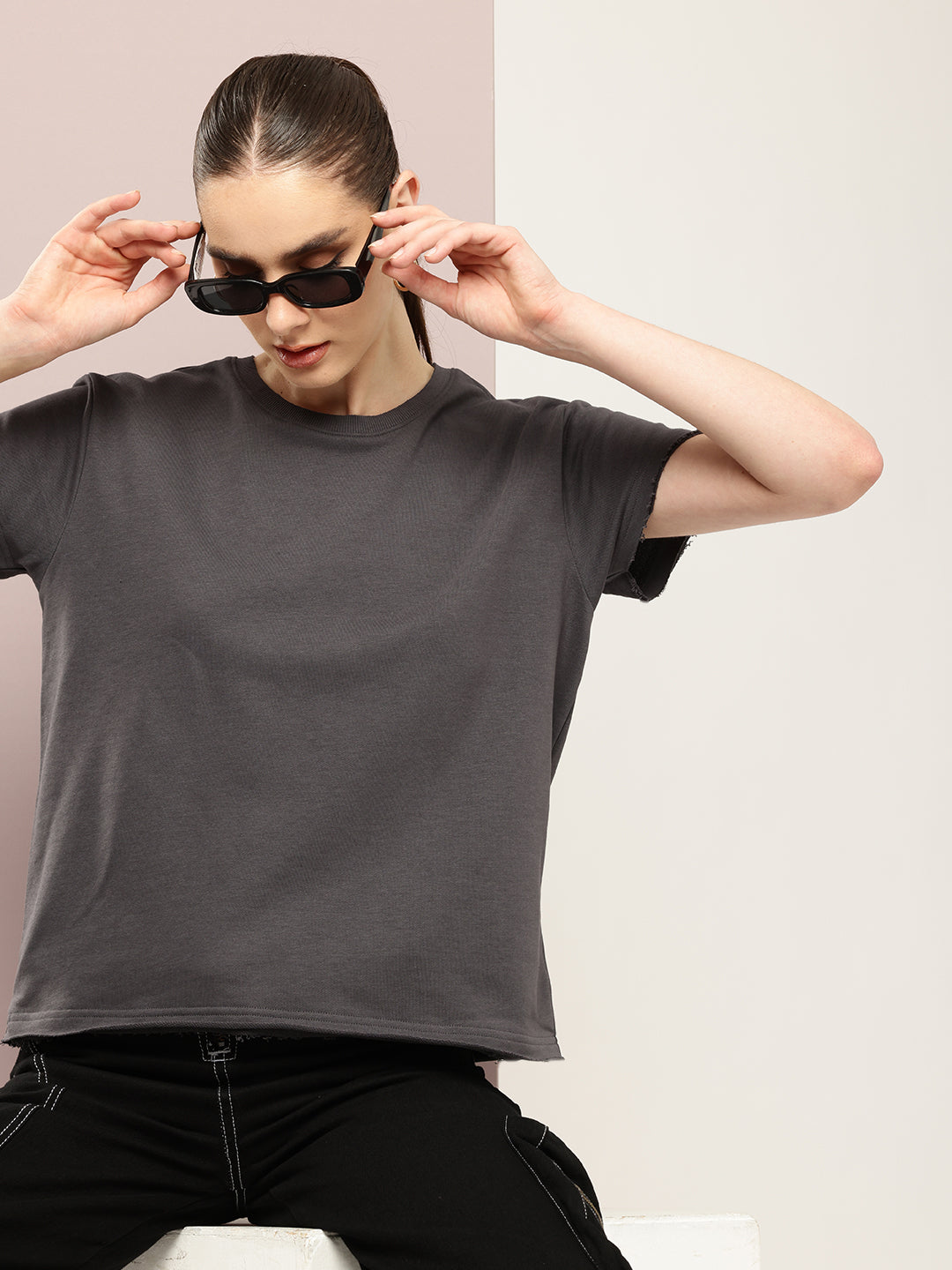 Womens Half Sleeve Round Neck Solid Boxy Fit Tshirts