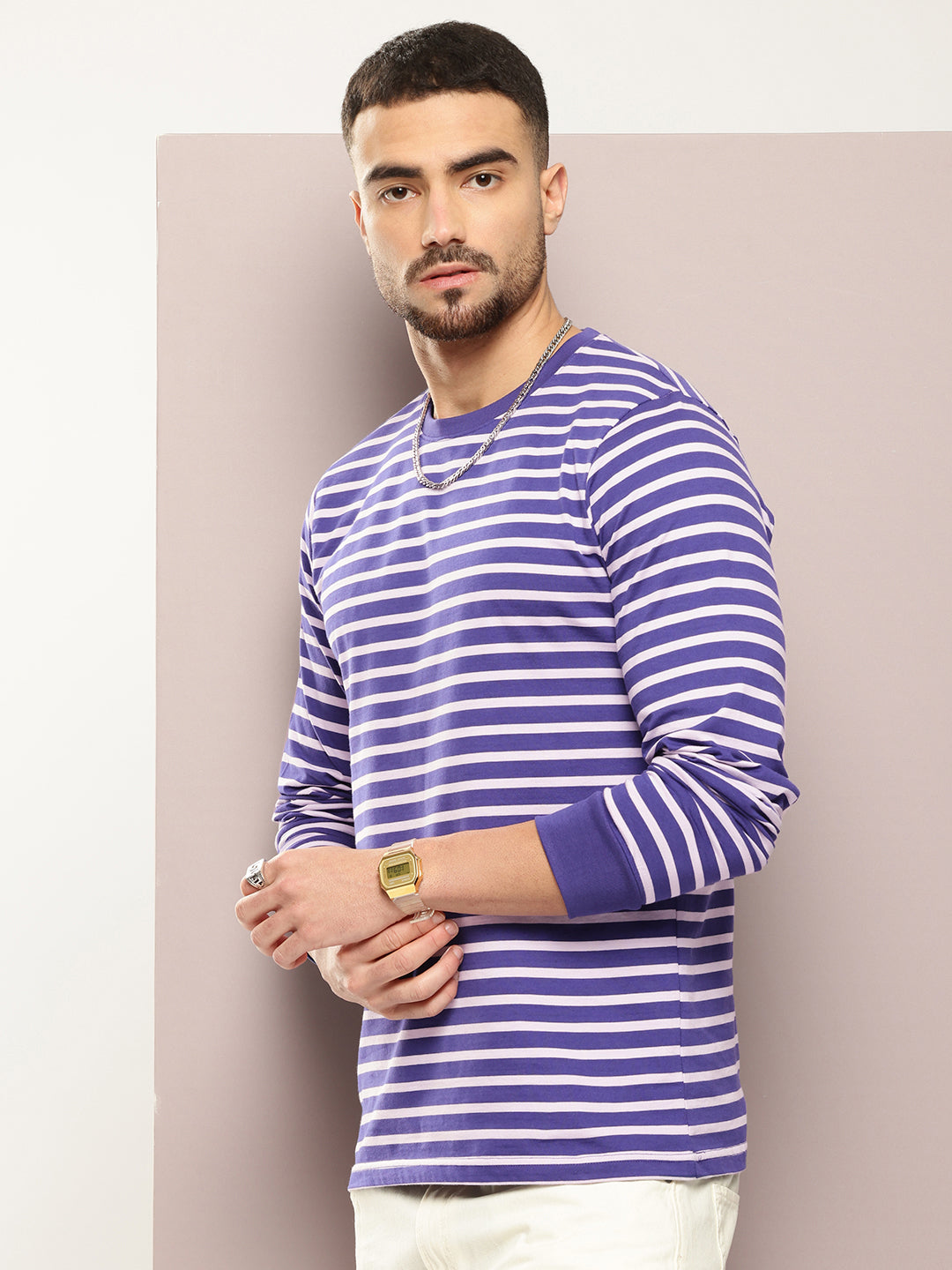 Mens Full Sleeve Round Neck Striped Regular Fit Tshirts