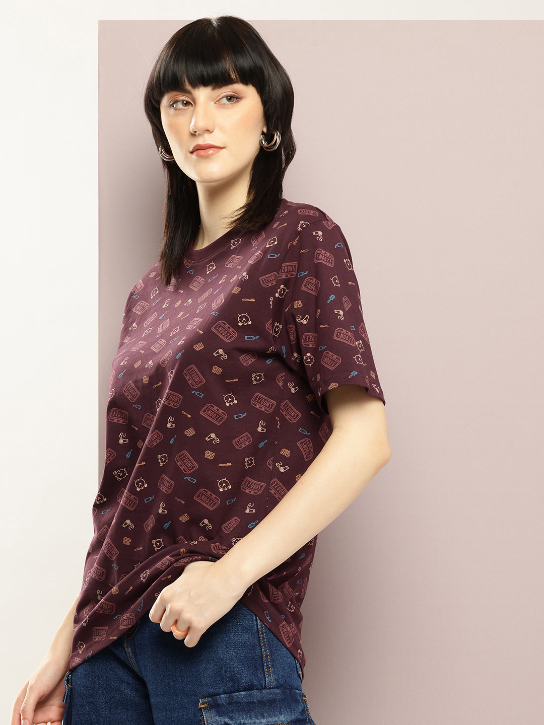 Womens Half Sleeve Round Neck All-Over Printed Oversized Fit Tshirts