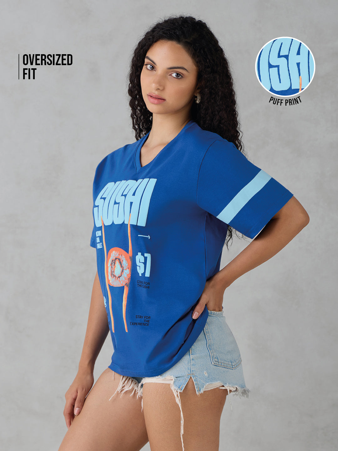 Womens Half Sleeve Puff Printed Oversized Fit V-Neck Tshirt