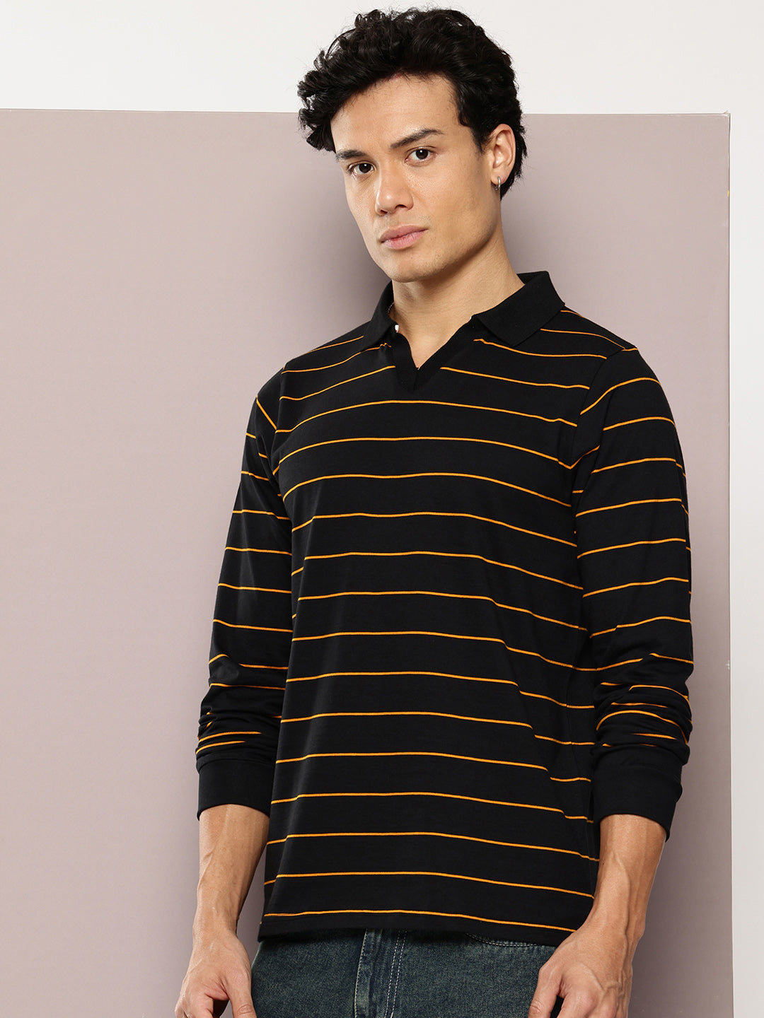 Mens Full Sleeve Polo Neck Striped Regular Fit Tshirts