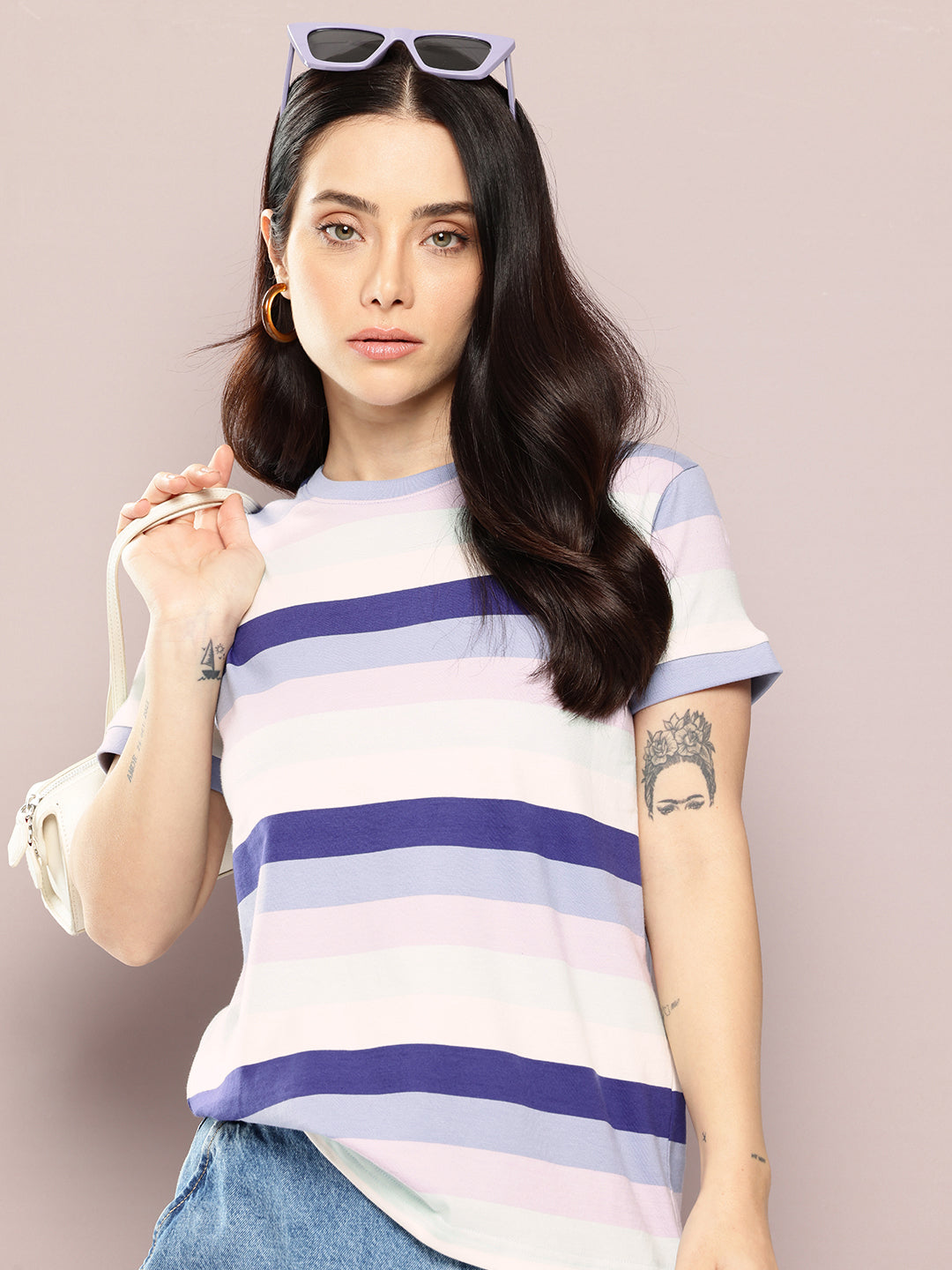 Womens Half Sleeve Round Neck All-Over Striped Regular Fit Tshirts