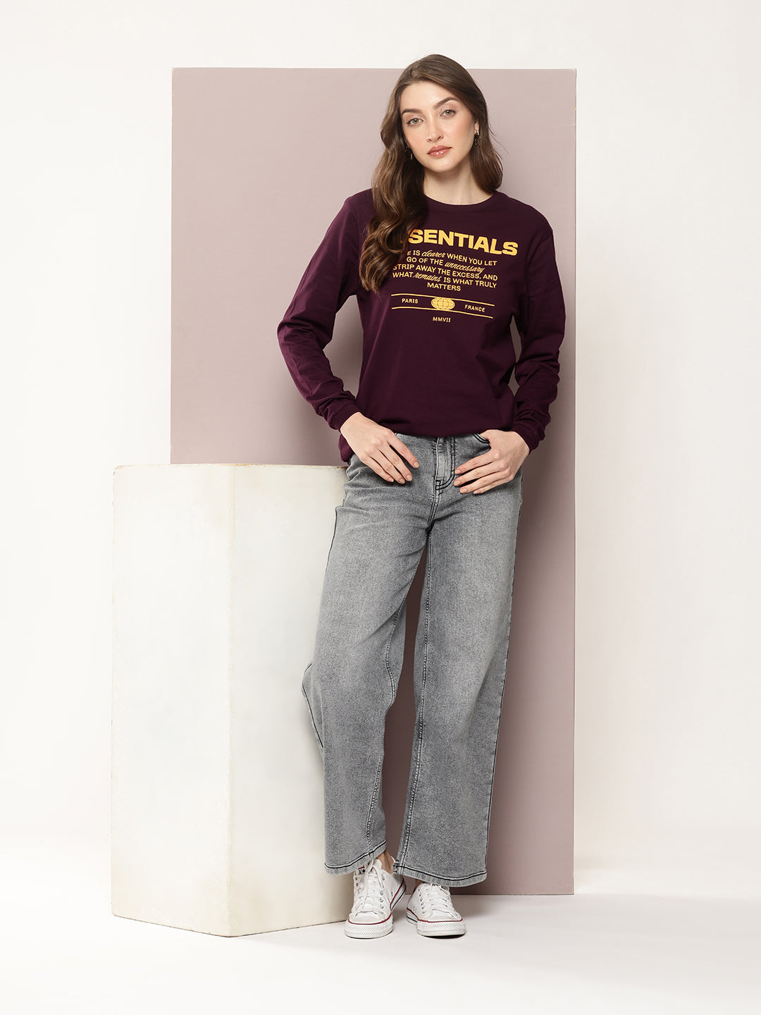 Womens Full Sleeve Round Neck Printed Oversized Fit Tshirts