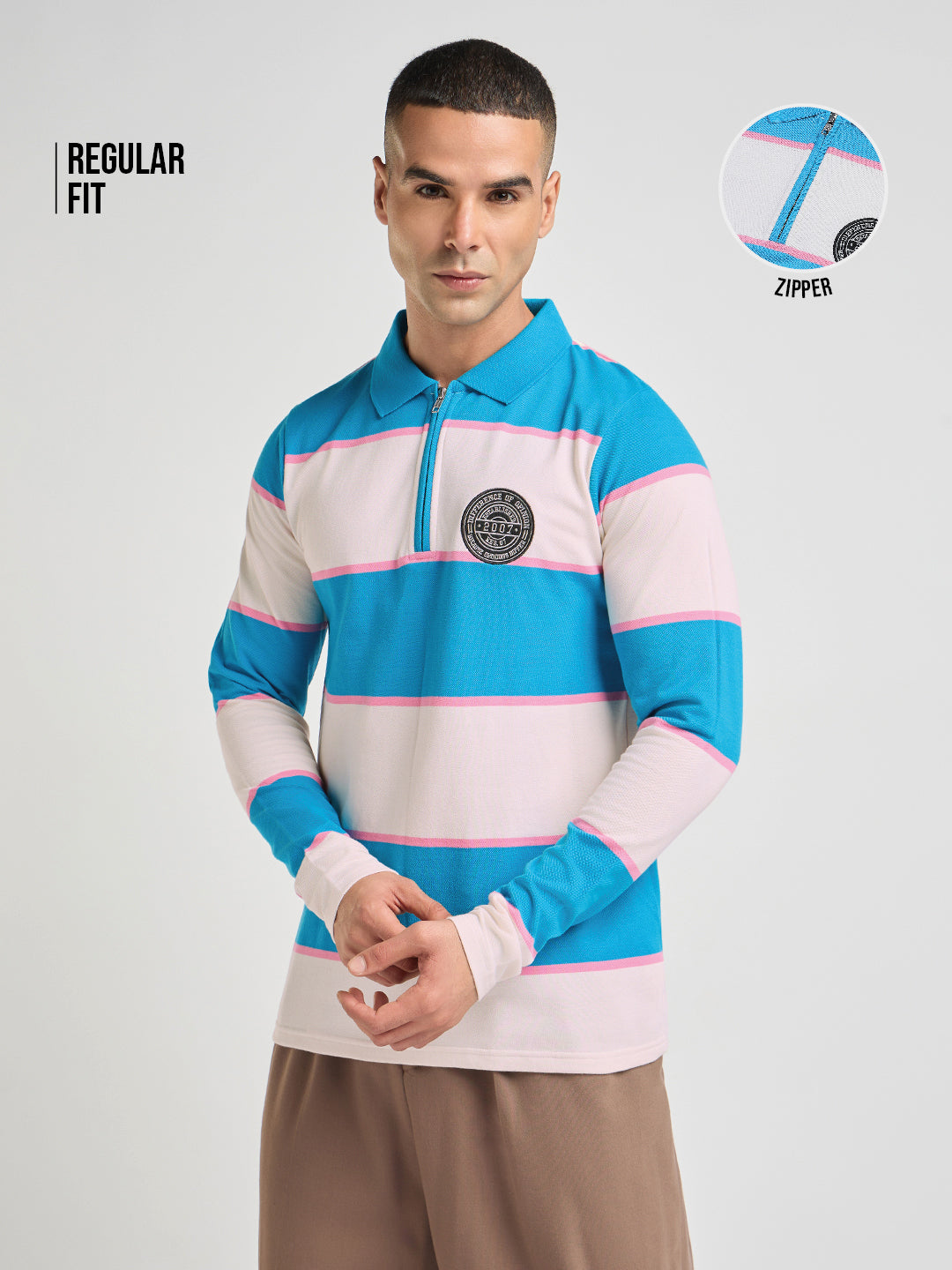 Mens Bold Stripes Regular Fit Zipper Polo Tshirt