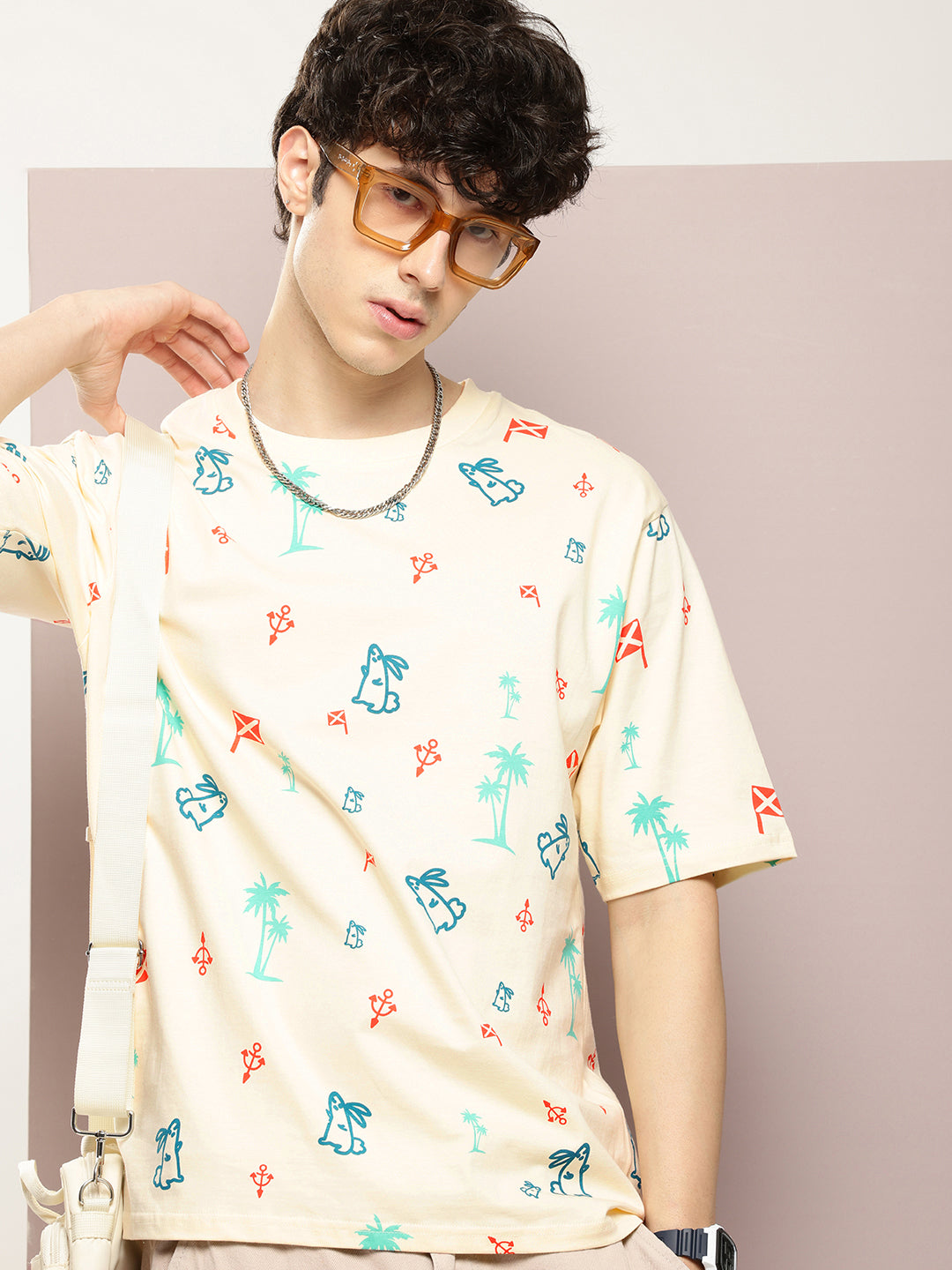 Mens Half Sleeve Round Neck All-Over Printed Oversized Fit Tshirts