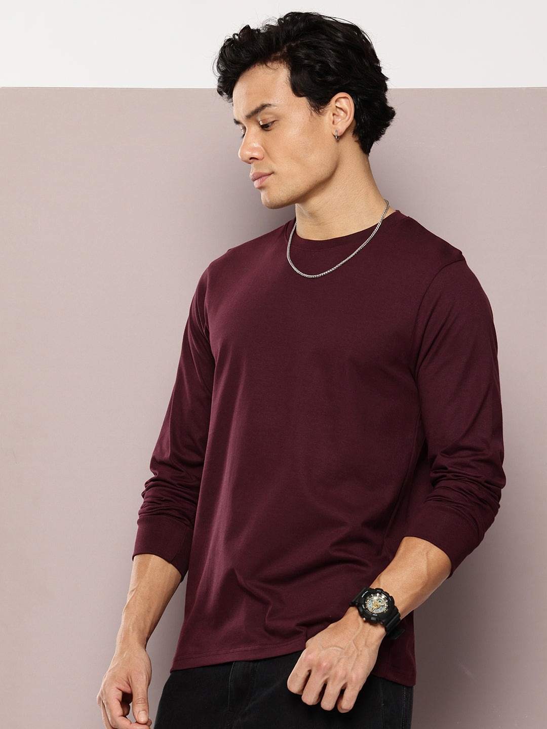 Mens Full Sleeve Round Neck Solid Regular Fit Tshirts