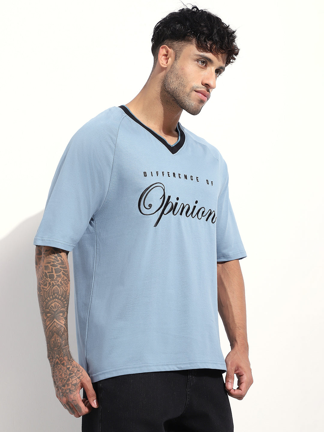 Mens Half Sleeve V-Neck Embroidered Oversized Fit Tshirts