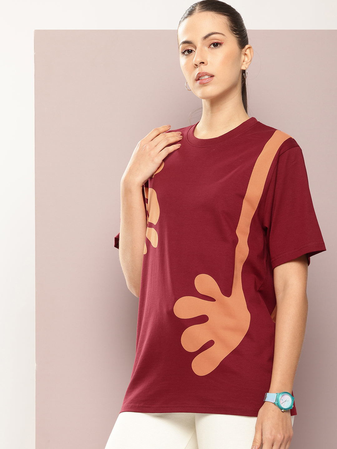Womens Half Sleeve Round Neck All-Over Printed Oversized Fit Tshirts