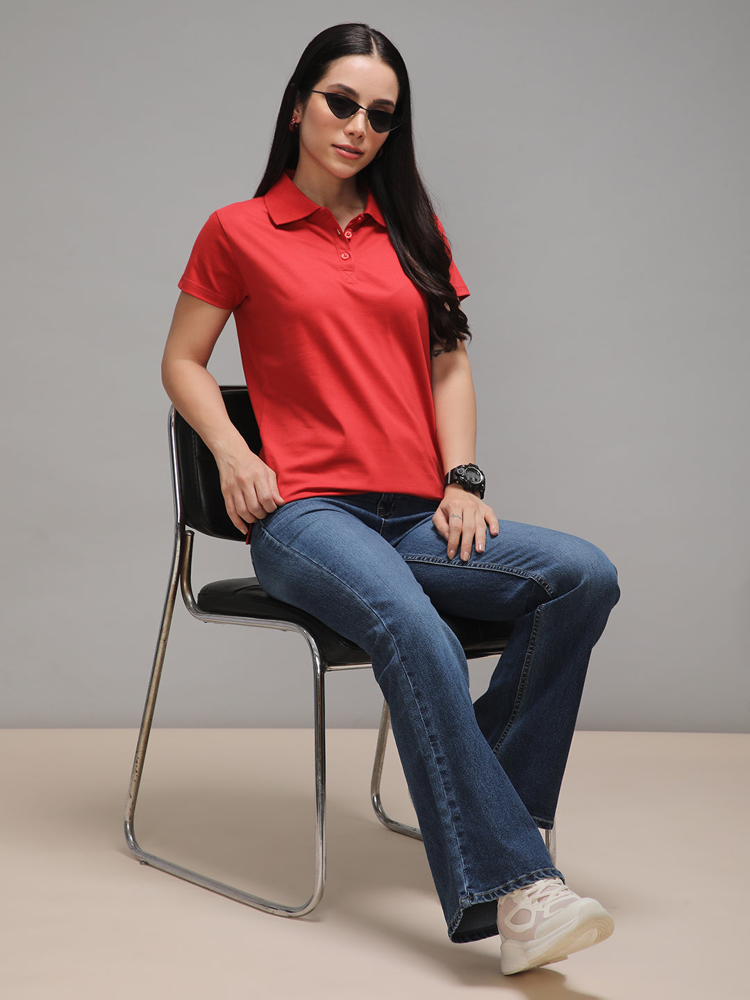 Womens Half Sleeve Polo Neck Solid Regular Fit Tshirts