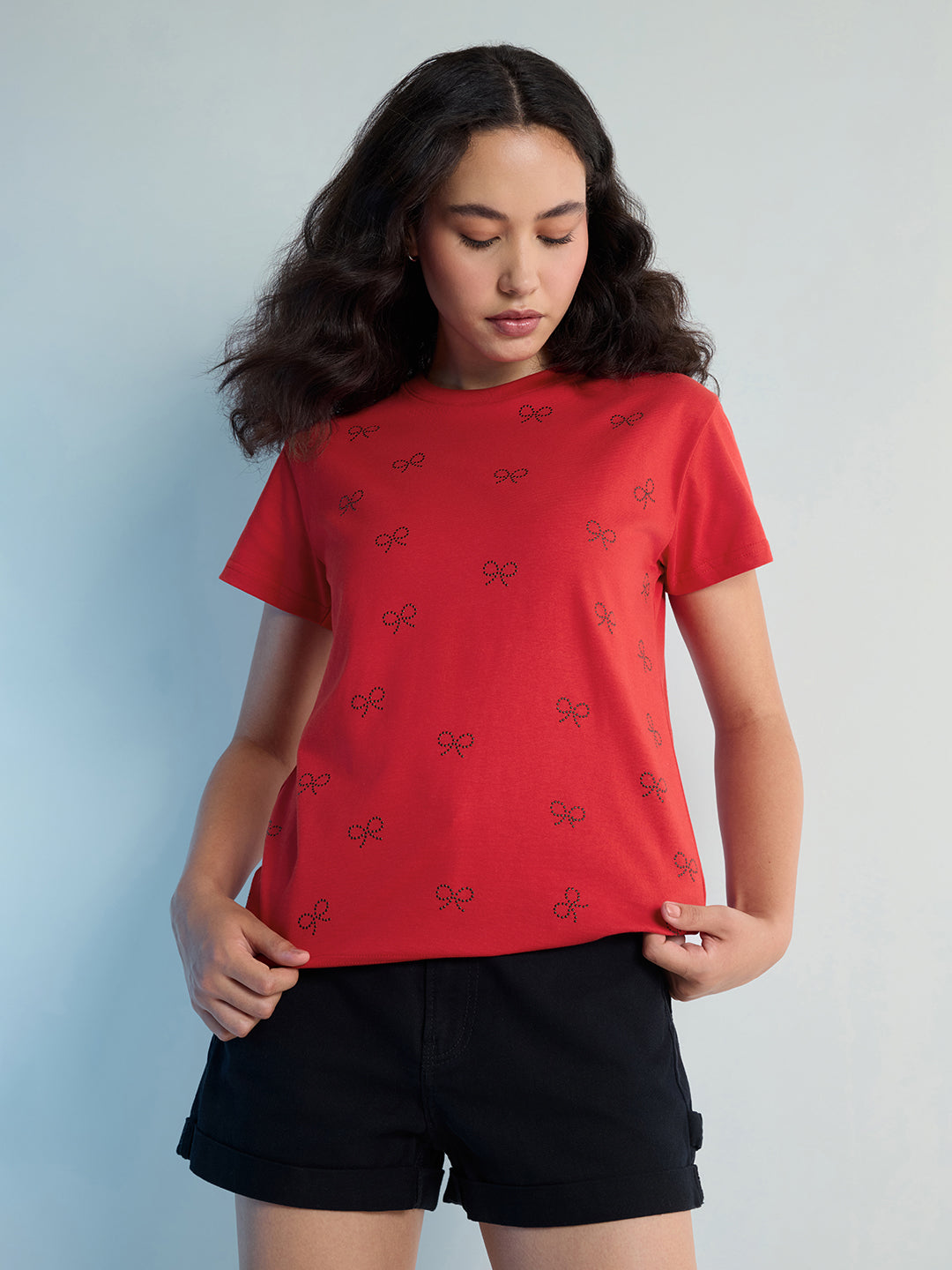 Womens Stud Detailed Regular Fit Round Neck Tshirt 