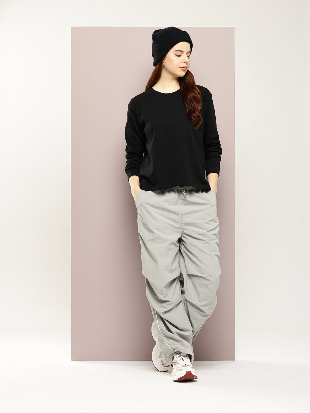Womens Full Sleeve Round Neck Solid Boxy Fit Tshirts