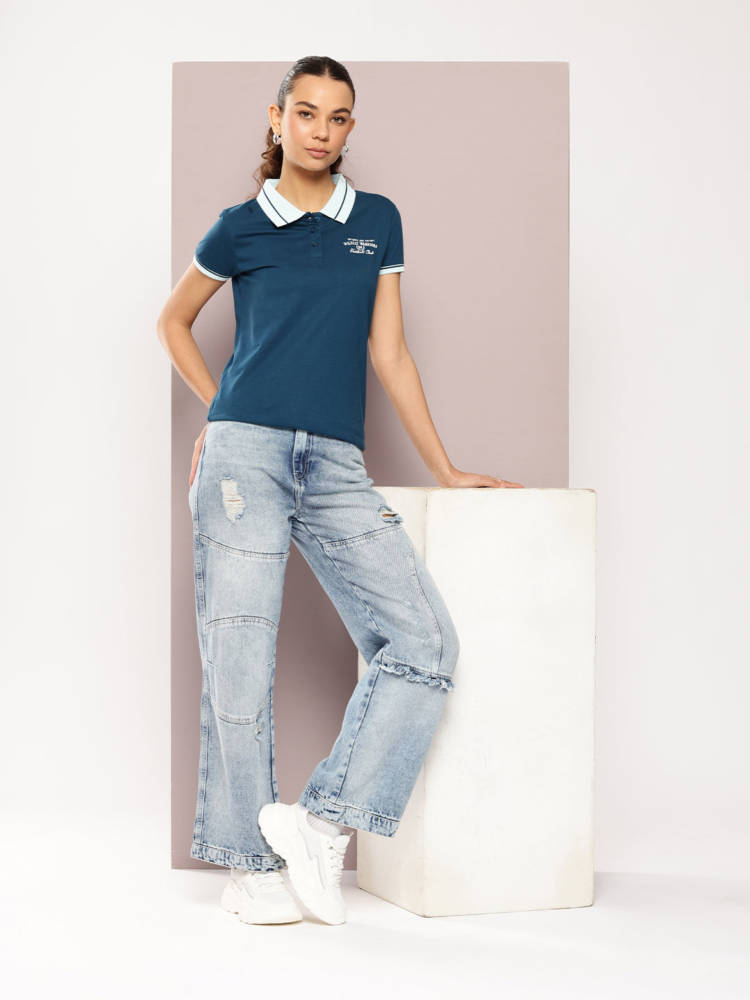Womens Half Sleeve Polo Neck Embroidered Regular Fit Tshirts