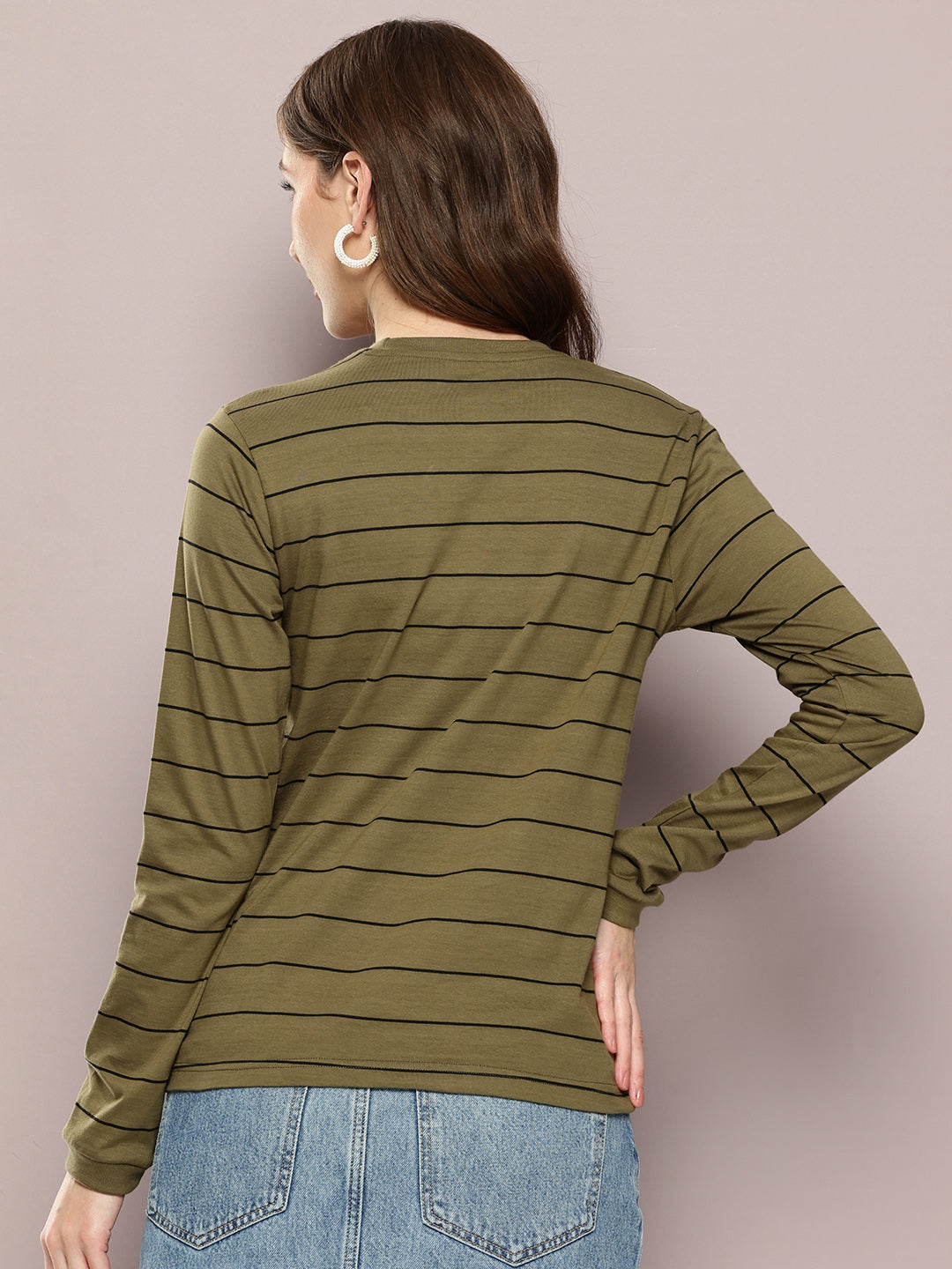 Womens Full Sleeve Round Neck Striped Regular Fit Tshirts