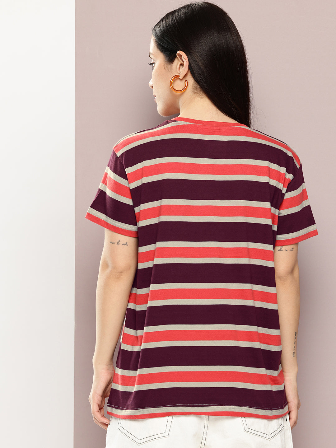 Womens Half Sleeve Round Neck All-Over Striped Boxy Fit Tshirts