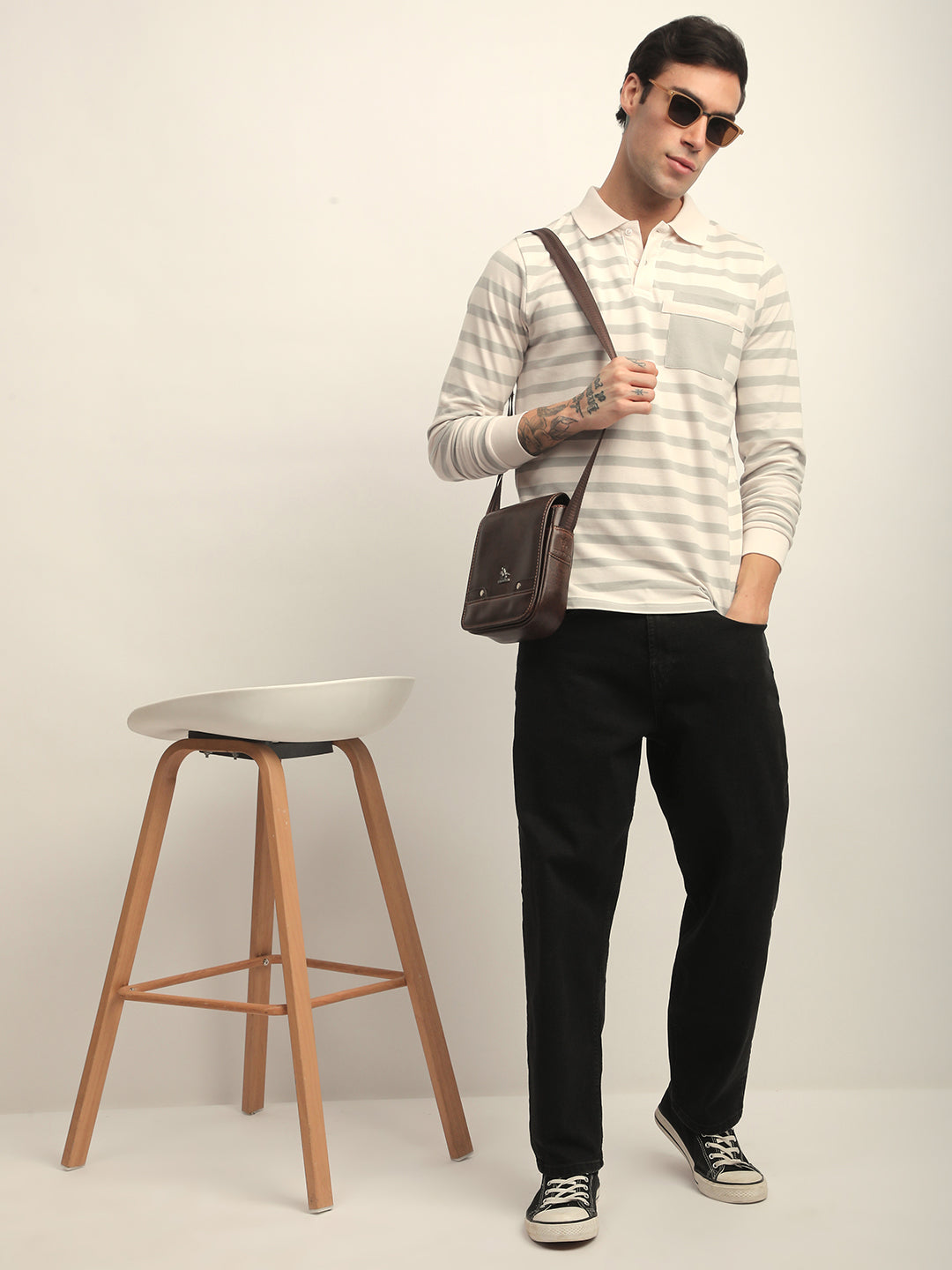 Mens Full Sleeve Polo Neck All-Over Striped Regular Fit Tshirts