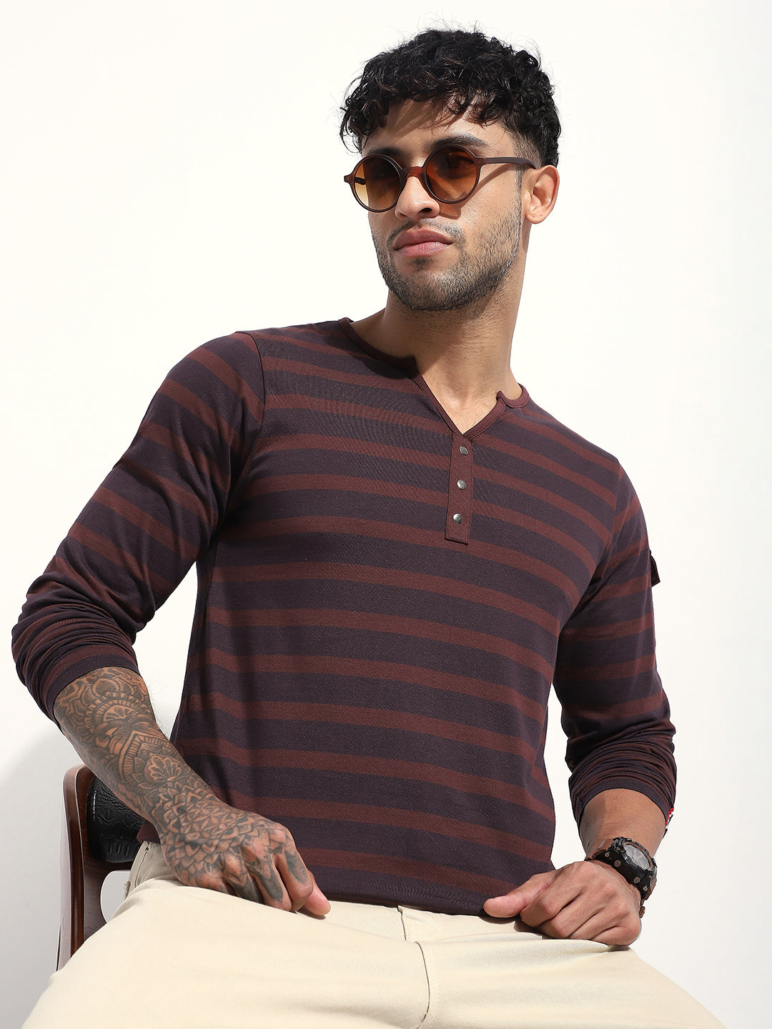 Mens Full Sleeve Henley Neck Striped Regular Fit Tshirts