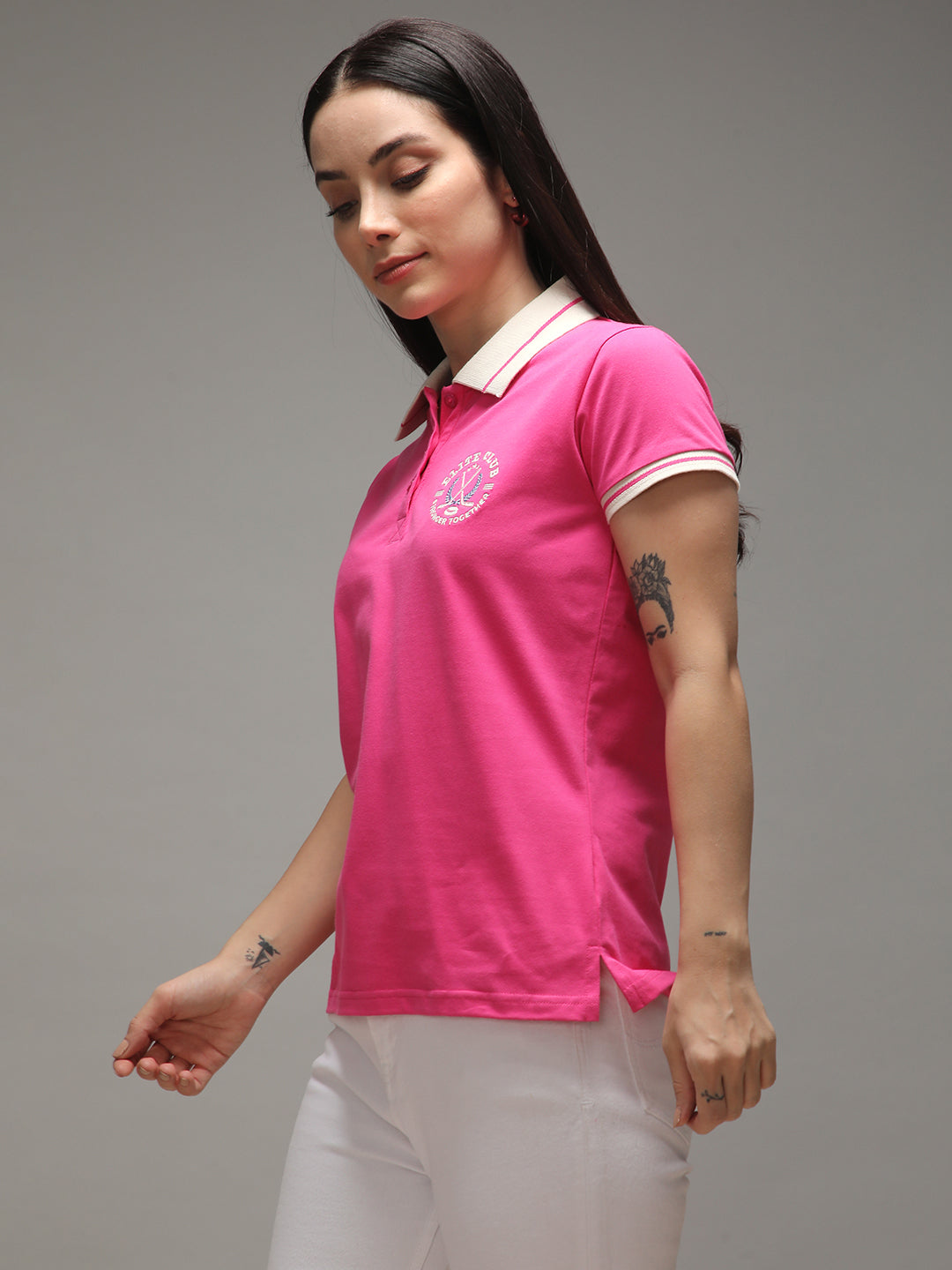 Womens Half Sleeve Polo Neck Solid Regular Fit Tshirts
