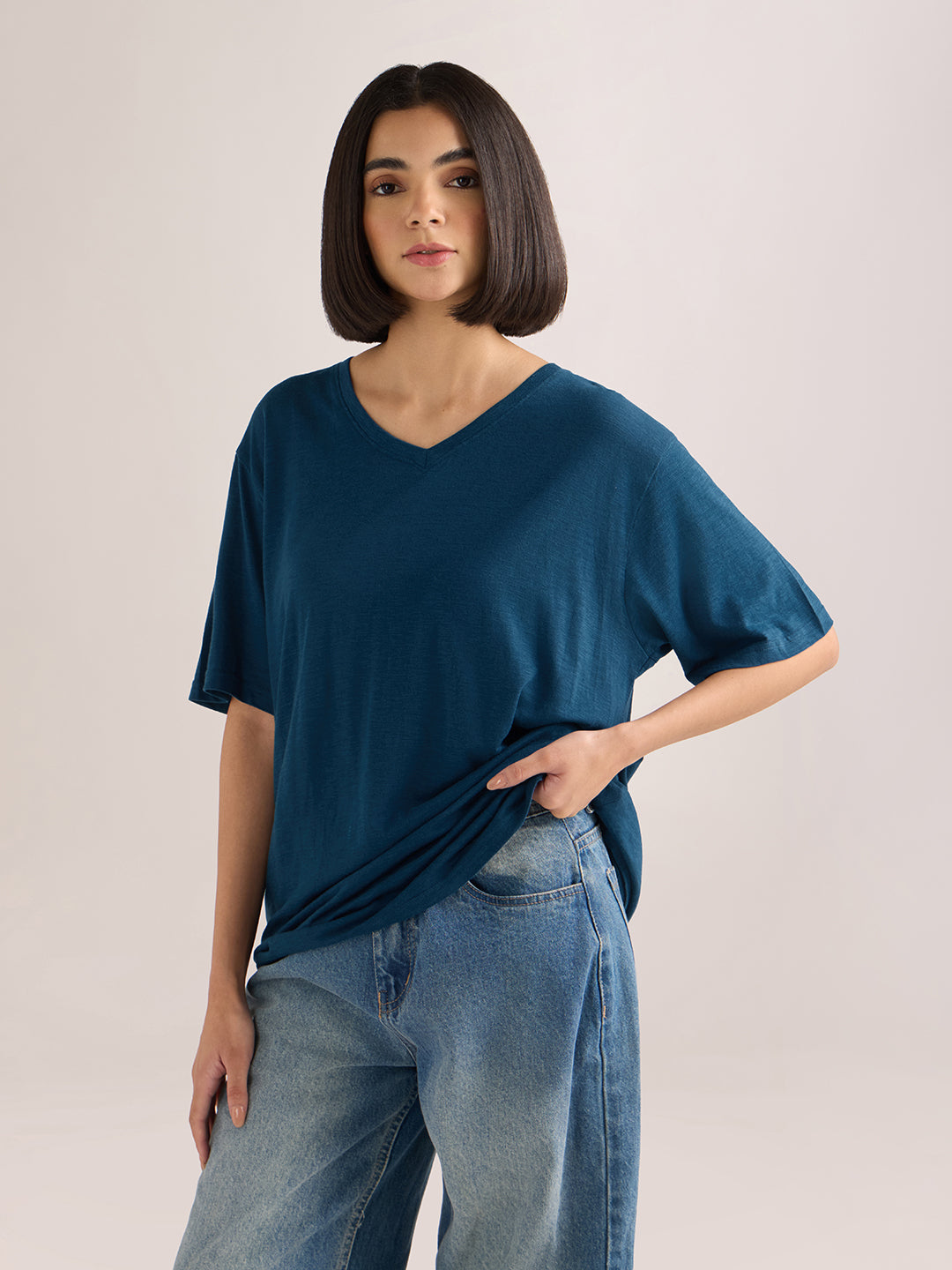 Womens Solid Oversized Cotton Modal V-Neck Tshirt