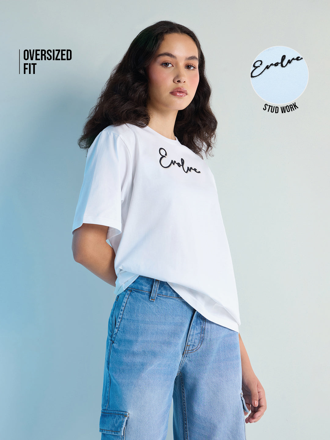 Womens Stud Detailed Oversized Round Neck Tshirt 