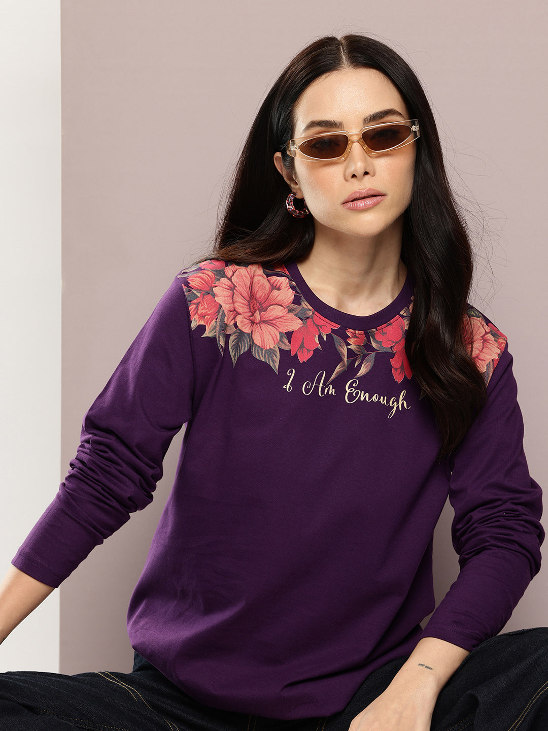 Womens Full Sleeve Round Neck Printed Oversized Fit Tshirts