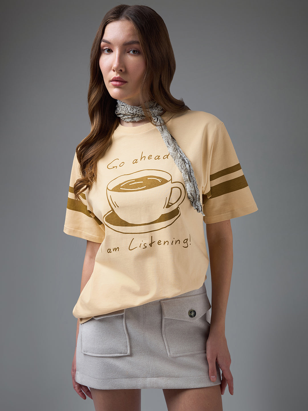 Womens Printed Round Neck Oversized Fit Tshirt