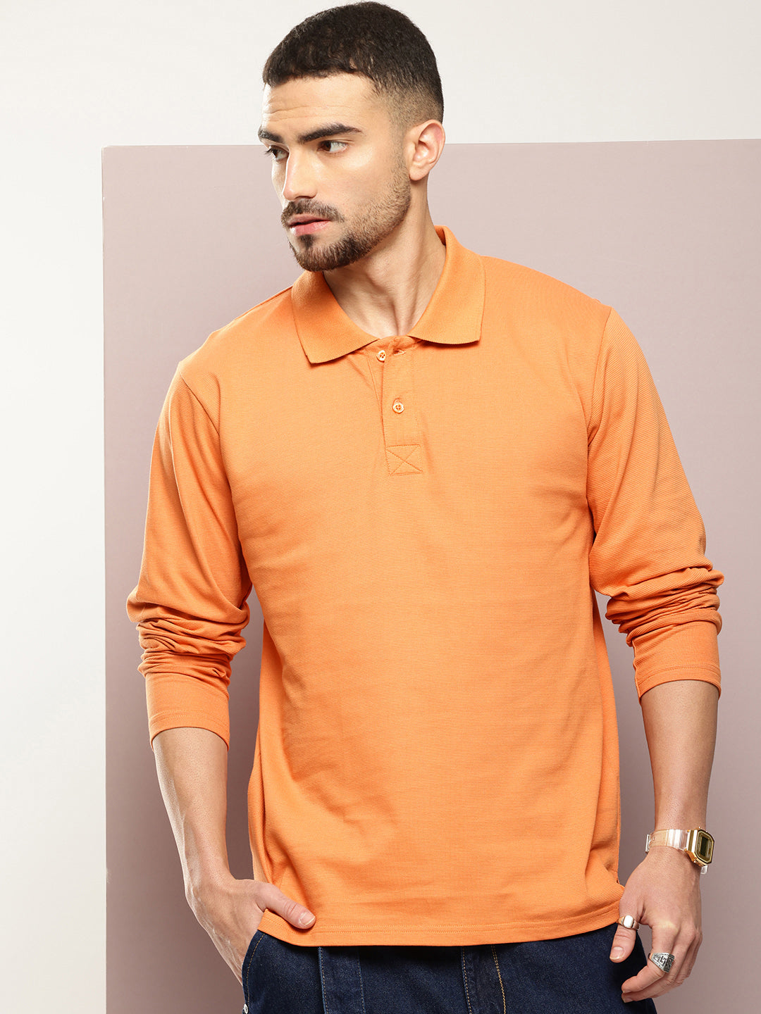 Mens Full Sleeve Polo Neck Solid Oversized Fit Tshirts