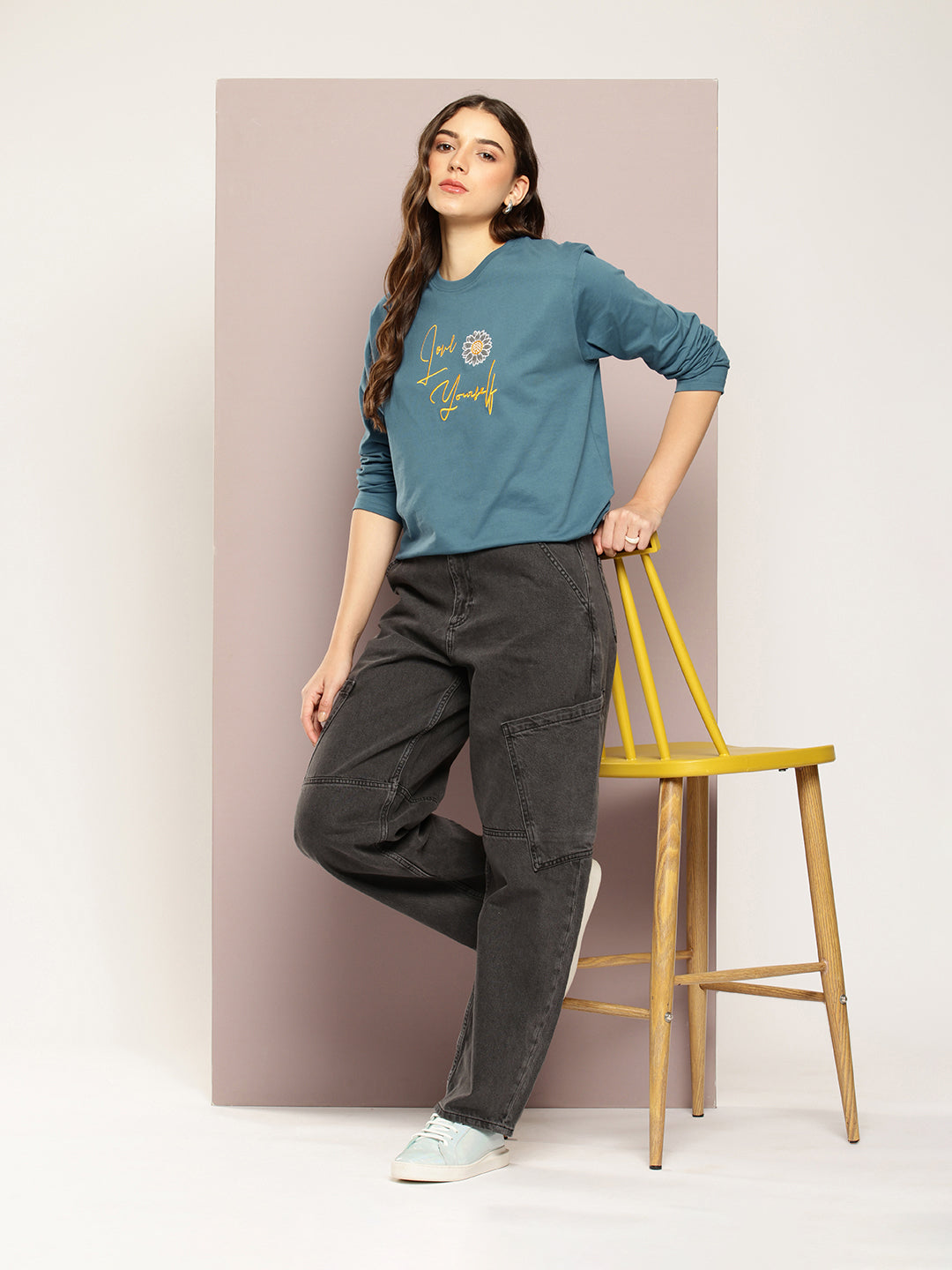 Womens Full Sleeve Round Neck Printed Oversized Fit Tshirts
