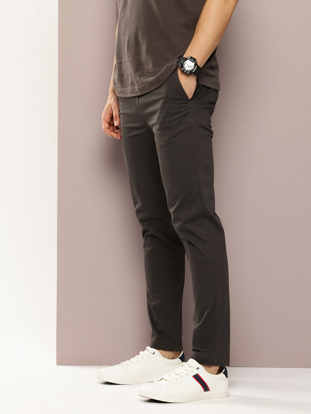 Men Slim Fit Solid Chinos Casual Trousers