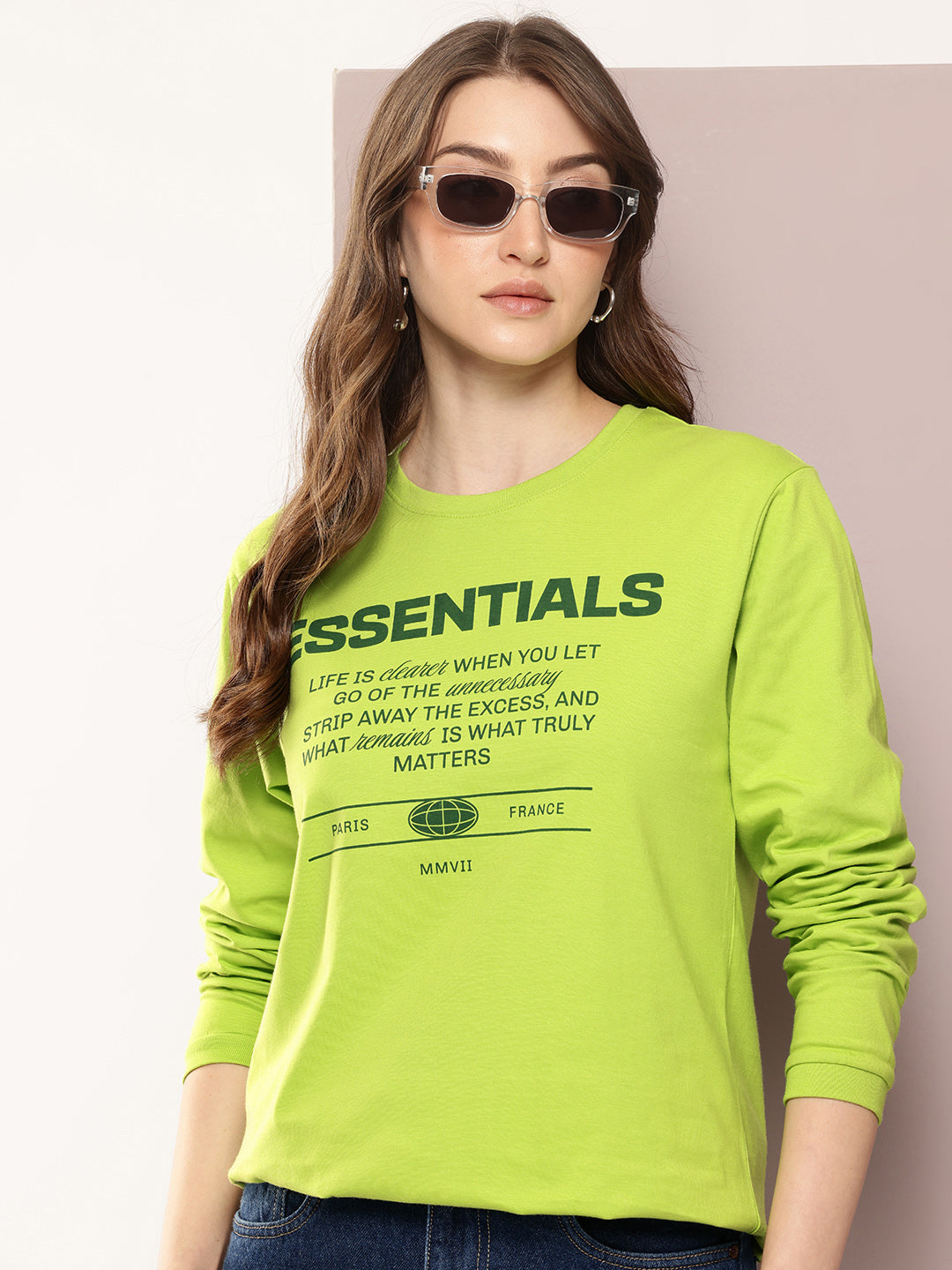 Womens Full Sleeve Round Neck Printed Oversized Fit Tshirts
