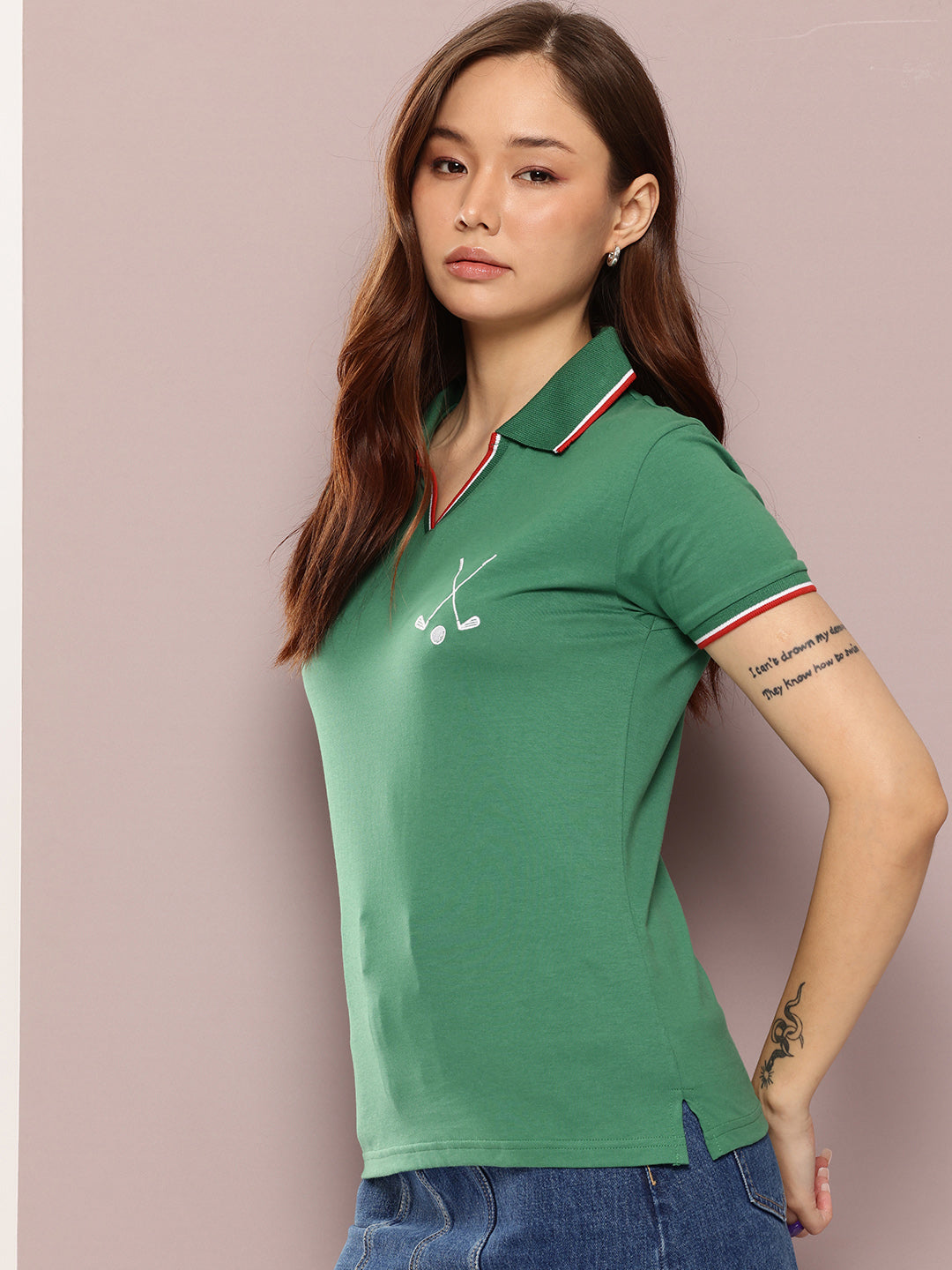 Womens Half Sleeve Polo Neck Embroidered Regular Fit Tshirts