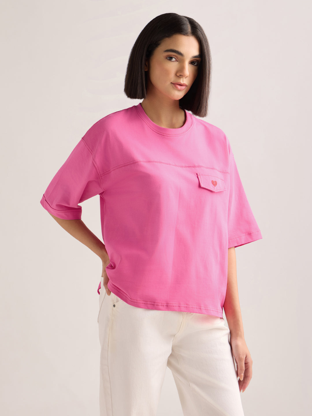 Womens Embroidery Boxy Regular Fit Cut & Sew Cotton Tshirt
