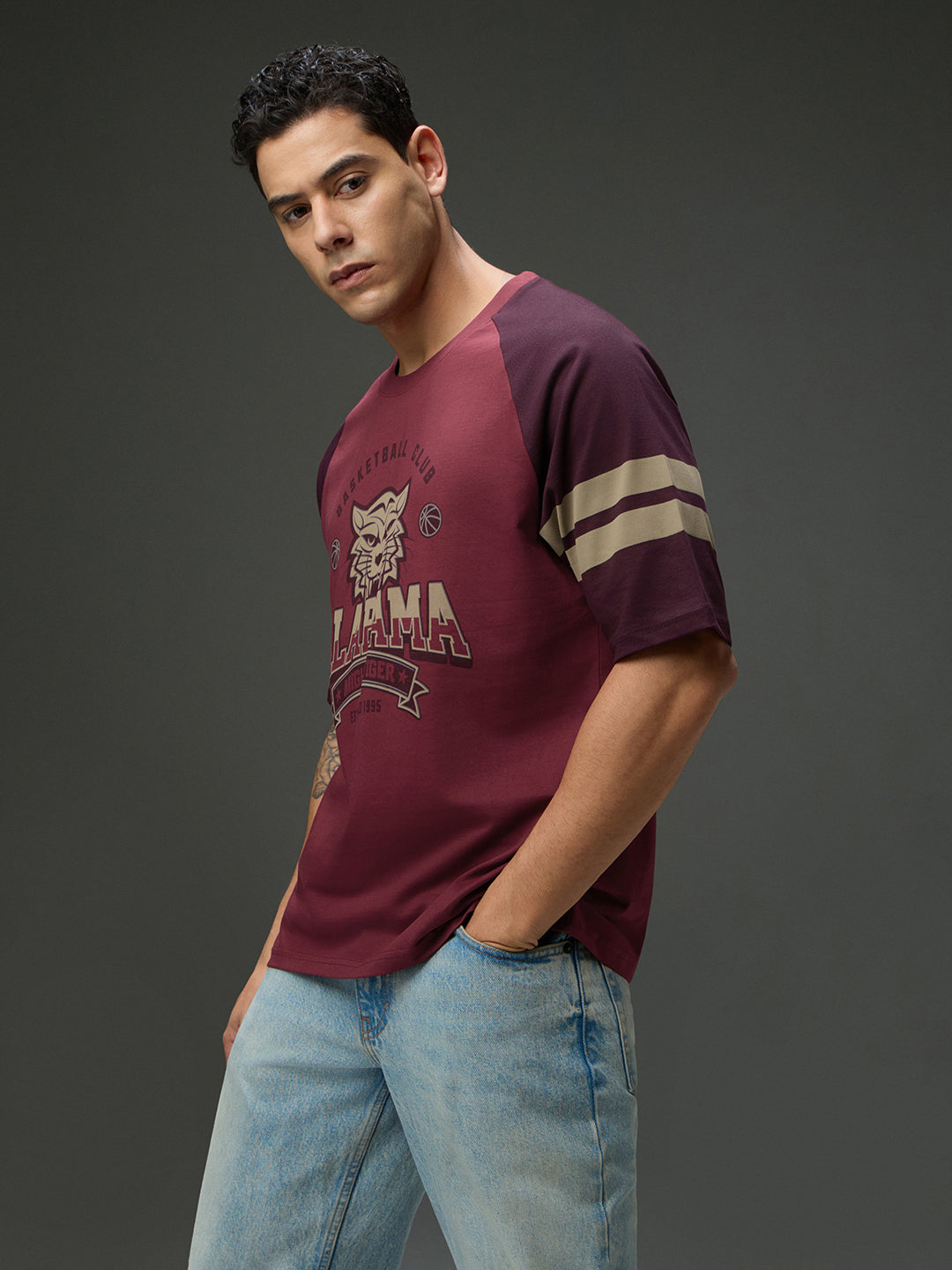 Mens Round Neck Raglan Sleeve Printed Oversized Fit Tshirt