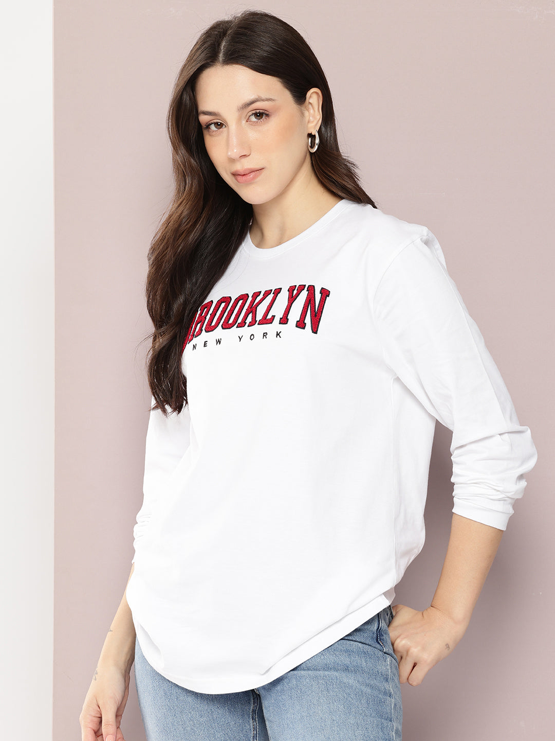 Womens Full Sleeve Round Neck Embroidered Oversized Fit Tshirts