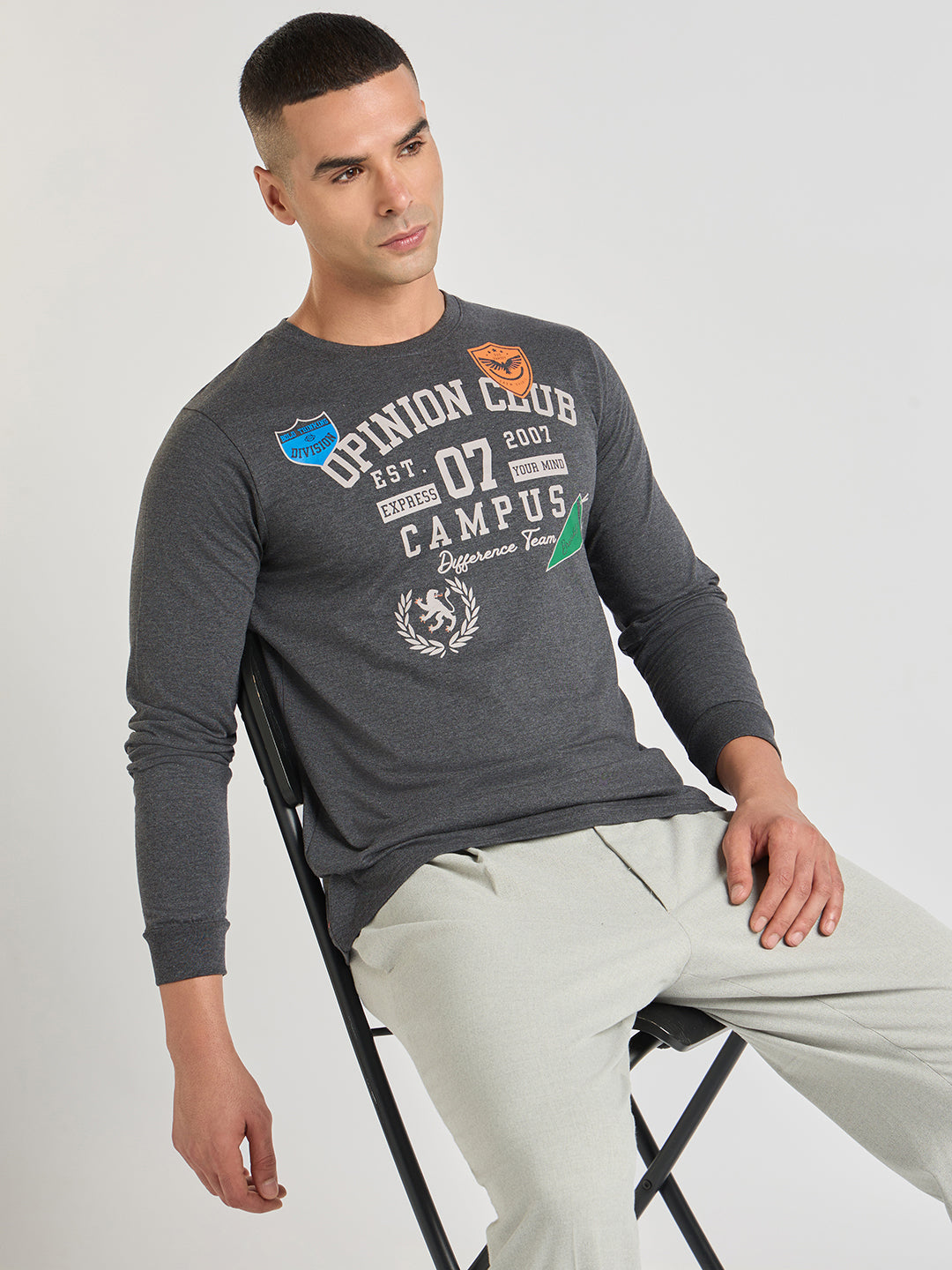 Mens Printed Regular Fit Full Sleeve Round Neck Tshirt