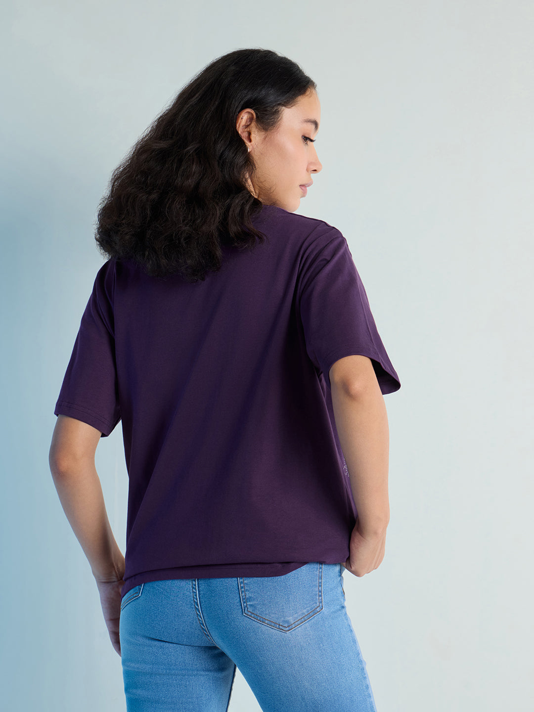 Womens Stud Detailed Oversized Round Neck Tshirt 
