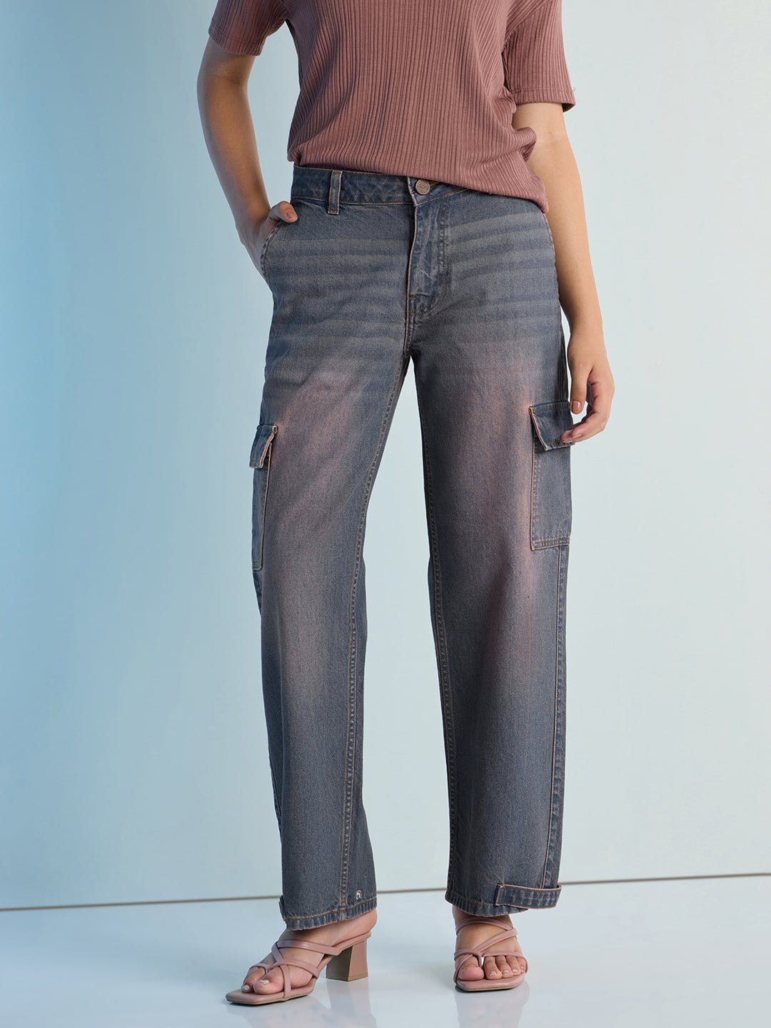 Womens Straight Fit Cargo Denim Jeans Pant
