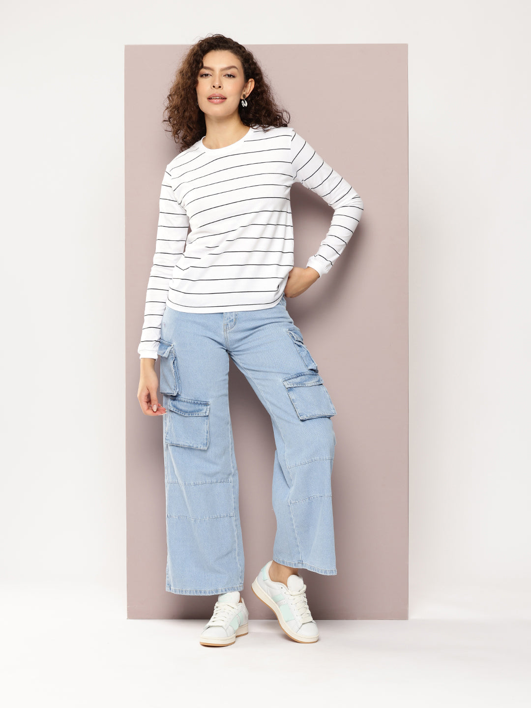 Womens Full Sleeve Round Neck All-Over Striped Regular Fit Tshirts