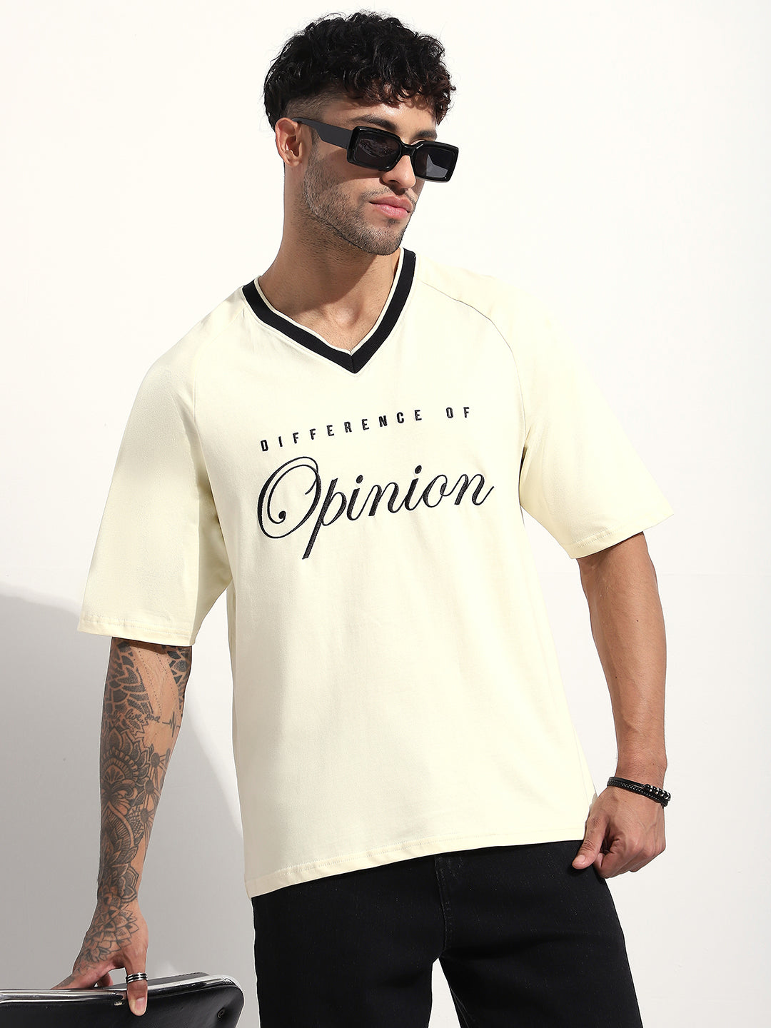 Mens Half Sleeve V-Neck Embroidered Oversized Fit Tshirts