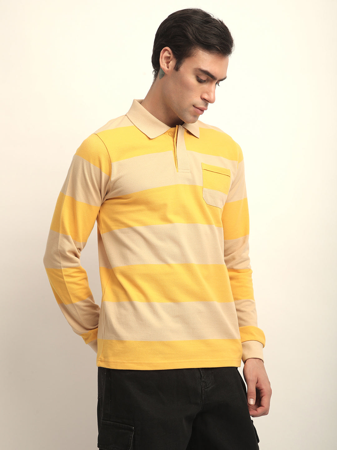 Mens Full Sleeve Polo Neck All-Over Striped Regular Fit Tshirts