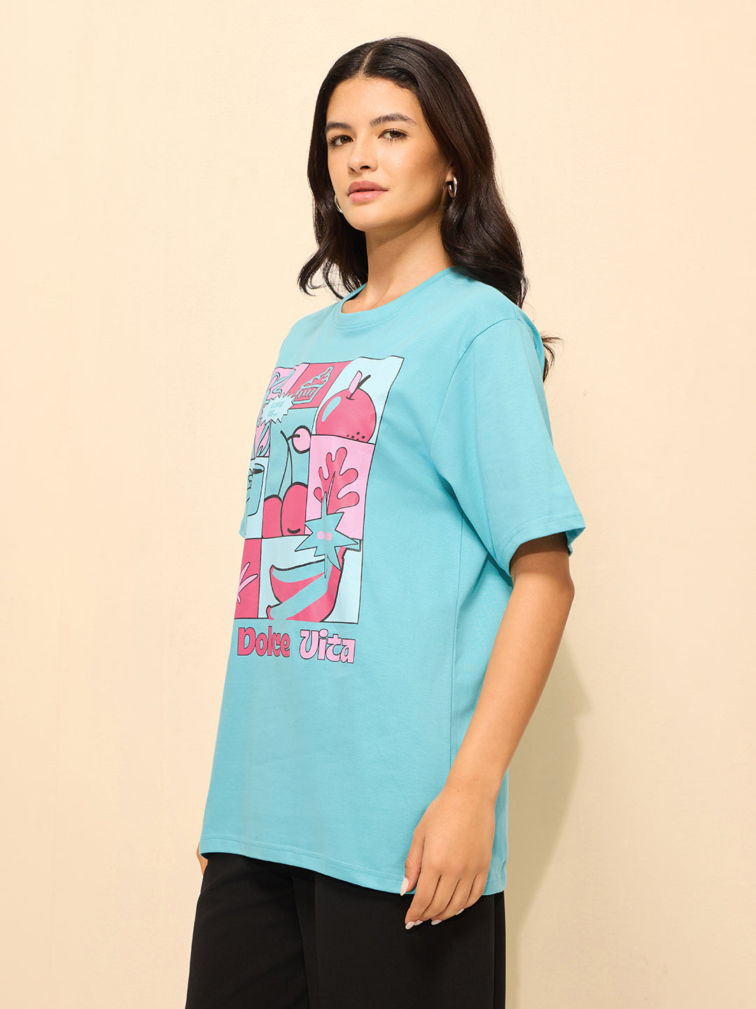 Womens Printed Oversized Fit Cotton T-Shirt