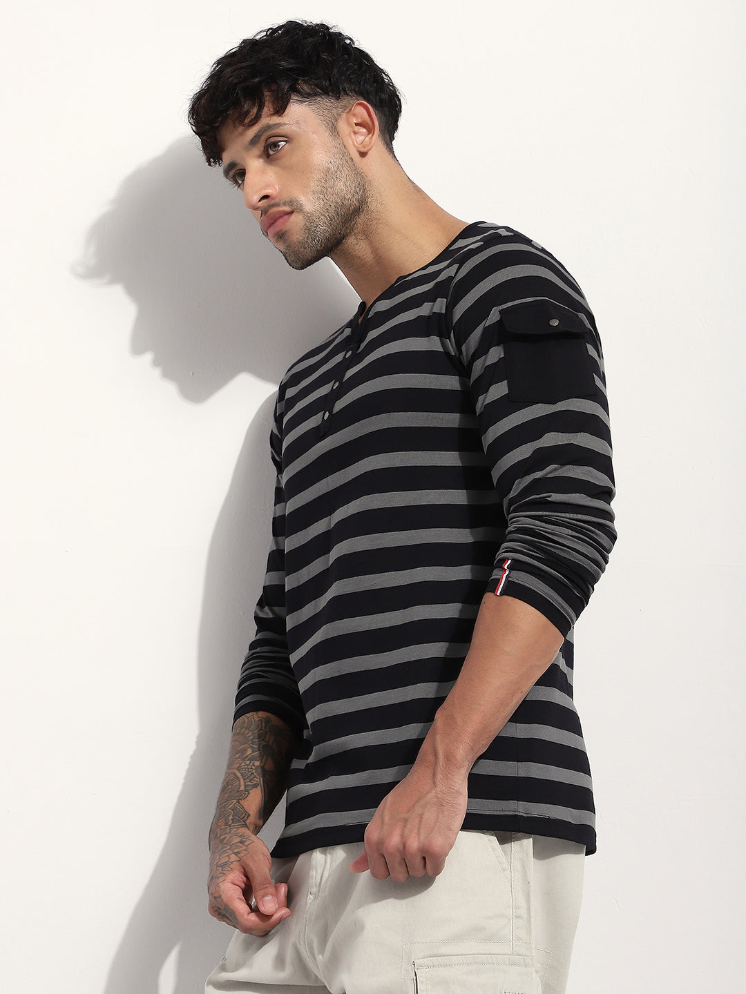 Mens Full Sleeve Henley Neck Striped Regular Fit Tshirts