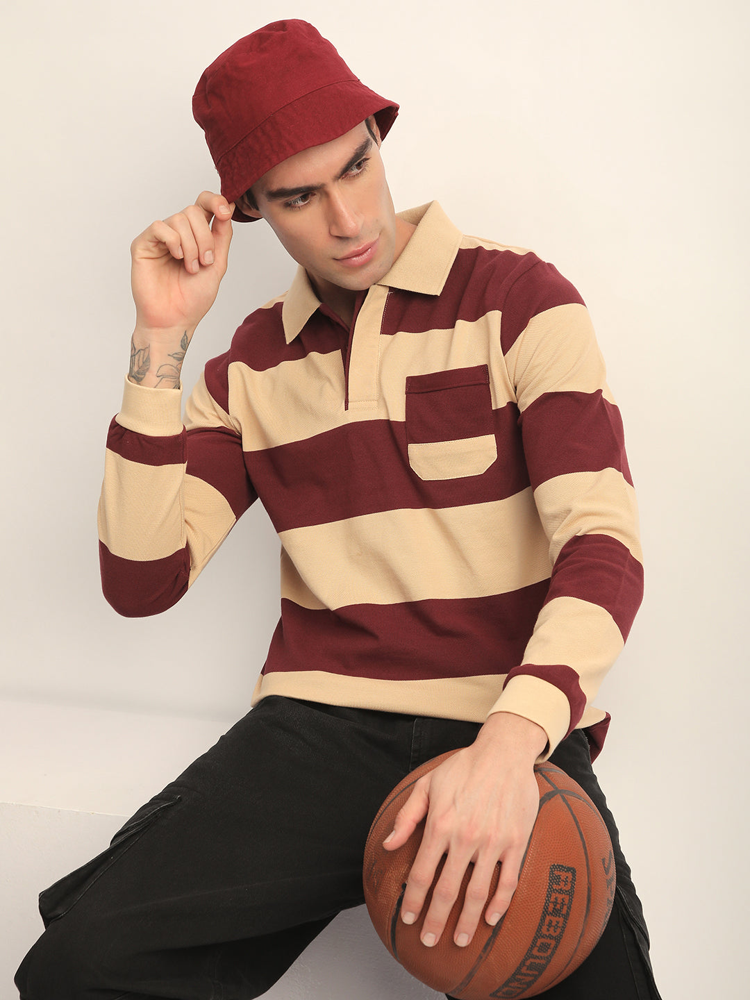 Mens Full Sleeve Polo Neck All-Over Striped Regular Fit Tshirts